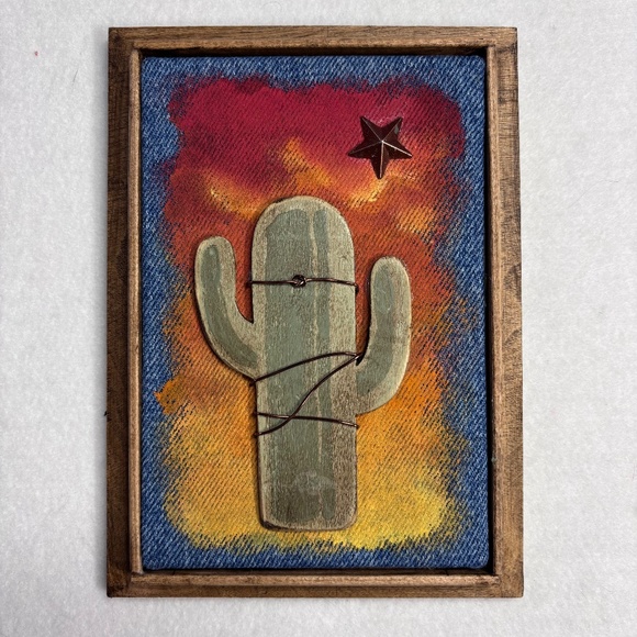 Mixed Media Wall Art | Saguaro Cactus Scene | Sunset | Stars | Desert Southwest - Picture 1 of 4